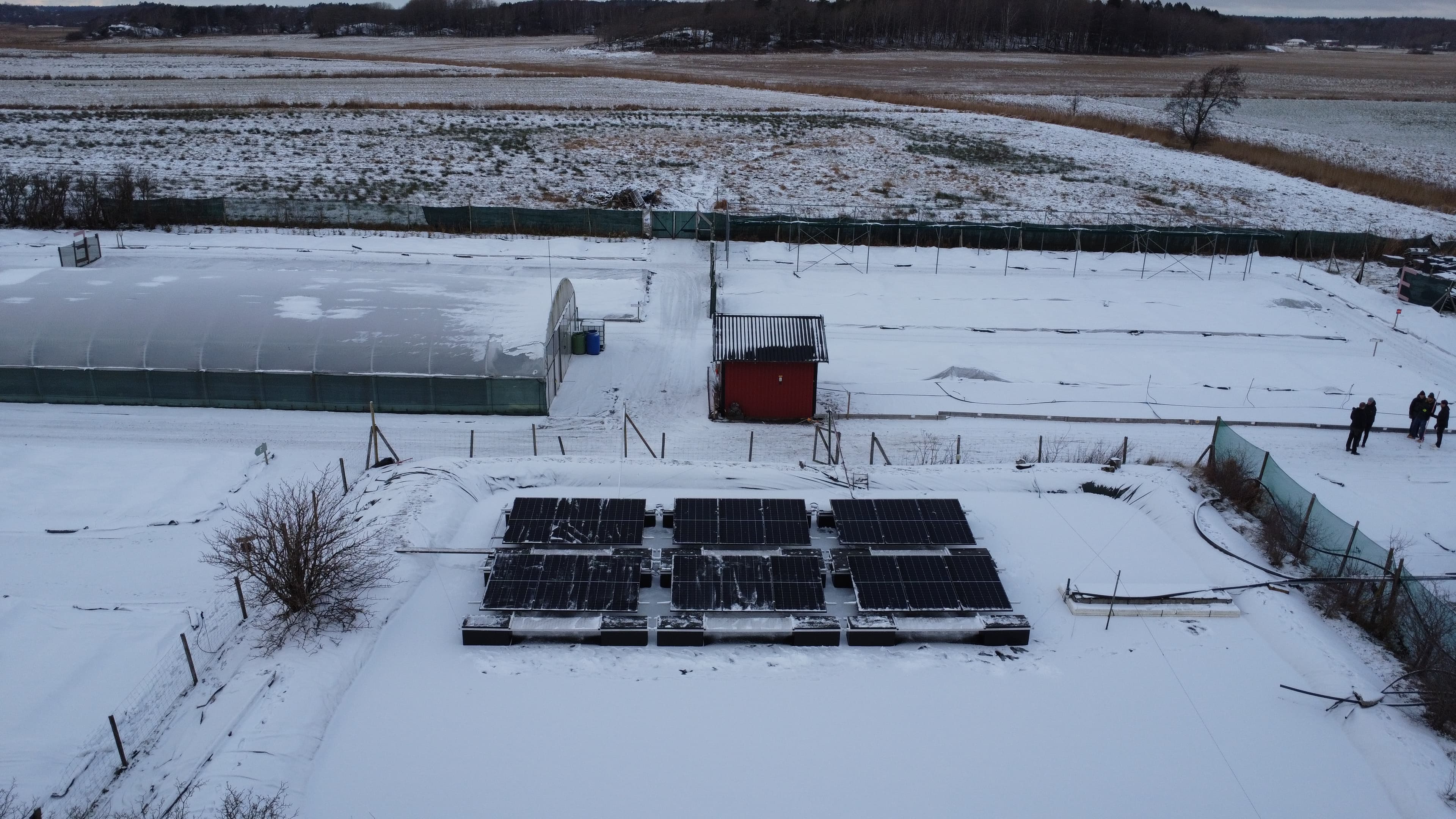 Overview of Säve Nursery's irrigation pond with floating solar